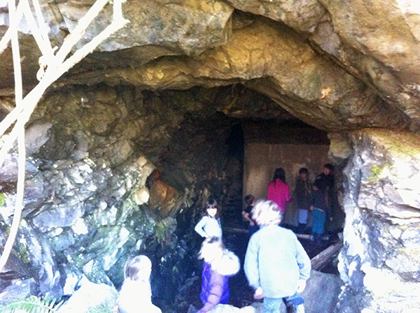Students observing fossils in a cave